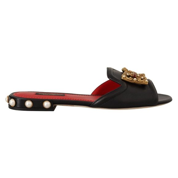 Dolce & Gabbana Black Leather Amore Embellished Slides Flats Shoes - Picture 1 of 7